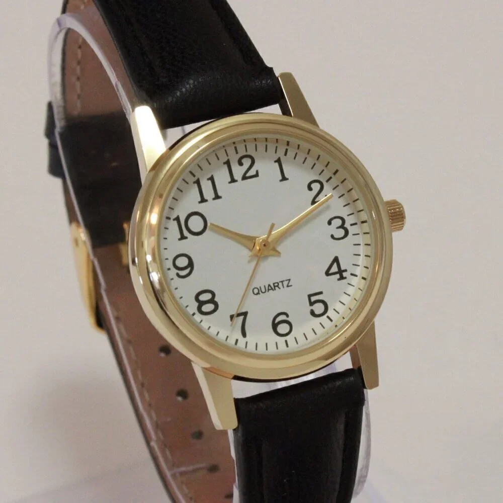 Ladies Easy Reader Dress Quartz Watch Gold-toned Black Strap White Dial 28mm